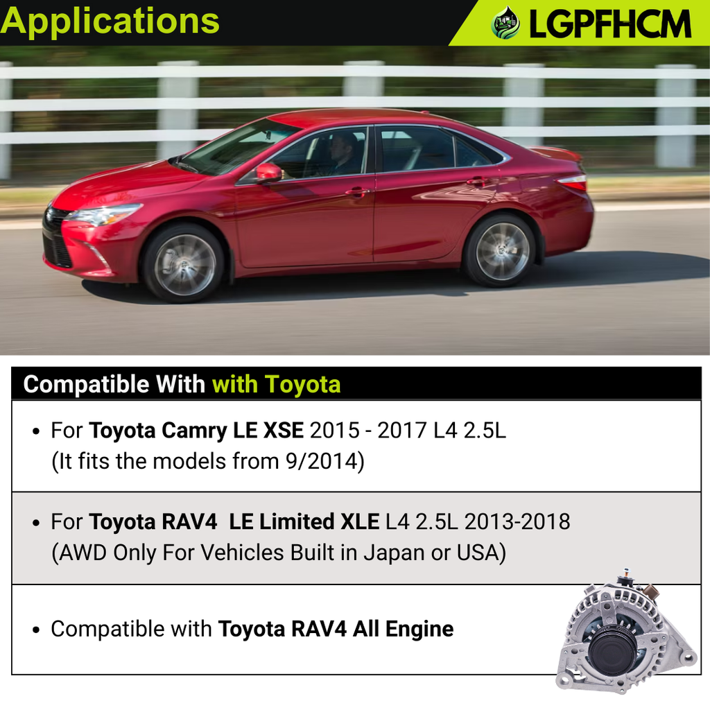 104211-3541 12V 125A Alternator for Toyota Camry 2.5L L4 2014-2017 For RAV4 L4 2.5L AWD 2013-2018 For RAV4 All Engine 2017-2018 Replacement 104211-3161 27060-0V170 27060-36080 210-1244 210-0875 6-Groove Clutch Pulley CW