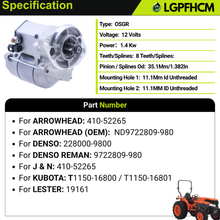 Load image into Gallery viewer, 1.4KW 8T 410-52265 Starter Motor Replacement For Kubota Compact Tractor L3540 L3830 L39 L3940 L4240 L4330 L4630 L4400 L45  #228000-9800 9722809-980 T1150-16800 T1150-16801