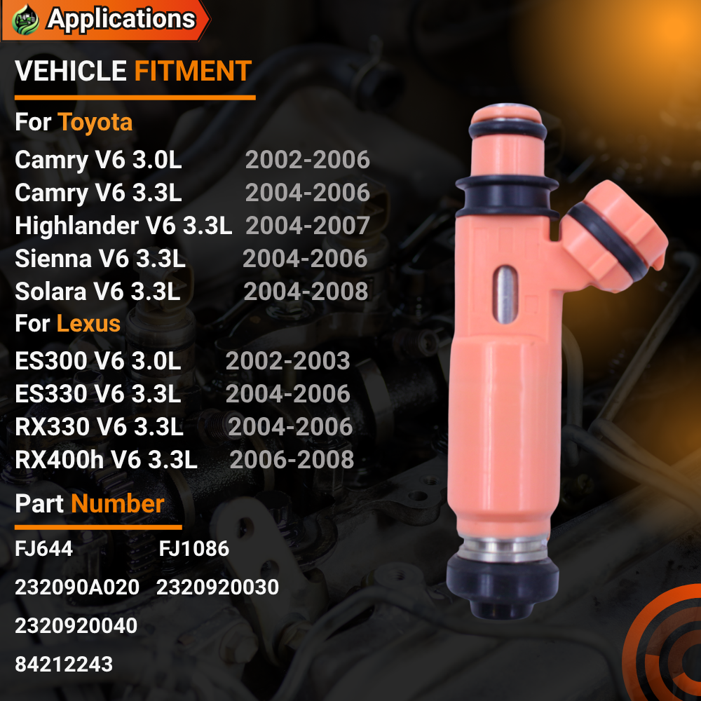 6PCS FJ644 23250-0A020 Fuel Injectors For Lexus ES300 V6 3.0L 2002-2003 ES330 RX330 3.3L 2004-2006 RX400h 2006-2008 For Toyota Camry 2002-2006 Highlander 2004-2007 Sienna 2004-2006 Solara 2004-2008