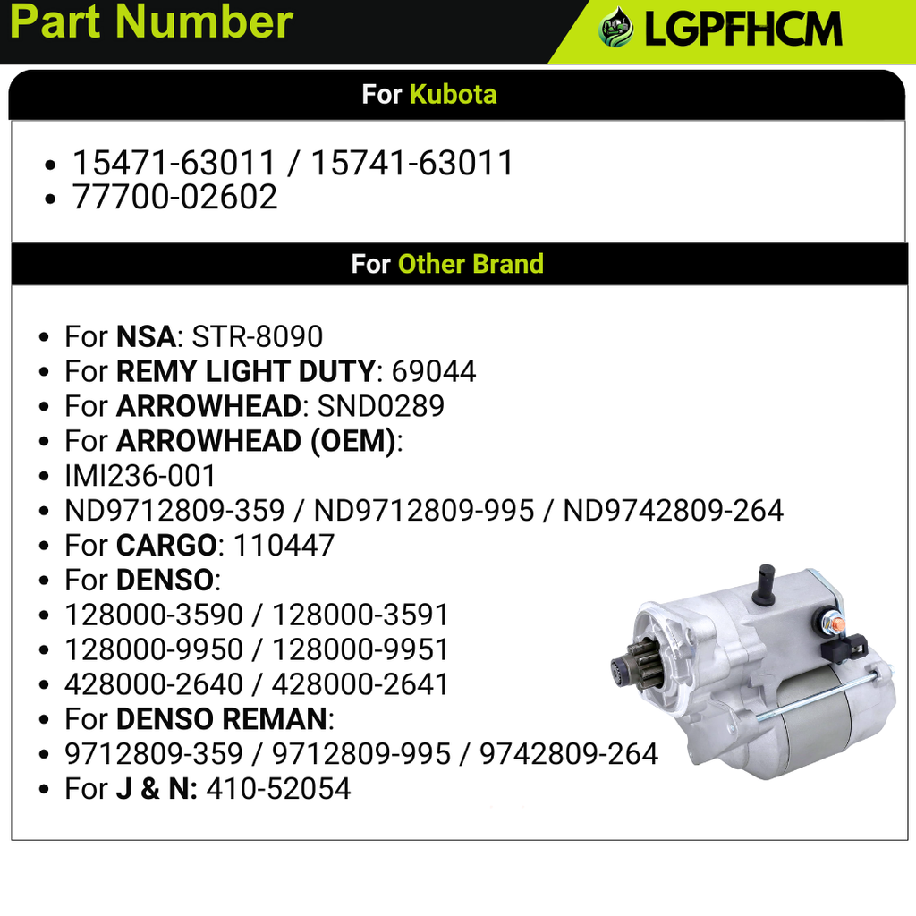 15471-63011 12V 9T Starter Motor For Kubota Excavator K008 Tractors-Compact B2150 B9200 Tractors-Garden G1800 G1900 UTV 900 For Thomas Equipment Skid Steers T84 Universal Inboard M-35