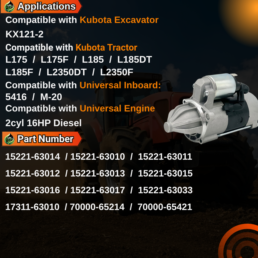12V 9T 1.7Kw 15221-63014 Starter Motor Compatible with Kubota Excavator KX121-2 for Kubota Tractor L175 L175F L185 L185DT L185F L2350DT L2350F #17311-63010 15221-63016 15221-63015