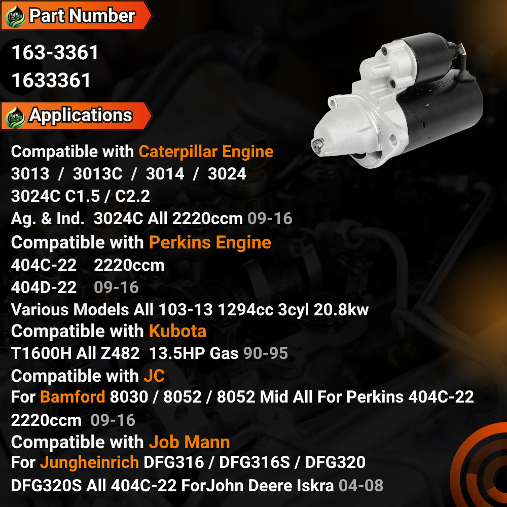 12V 9T 2.0KW 163-3361 Starter Motor Compatible With Caterpillar Engine 3013 3013C 3014 3024 3024C  C1.5 C2.2 For Perkins Engine 404C-22 2220ccm #1633361