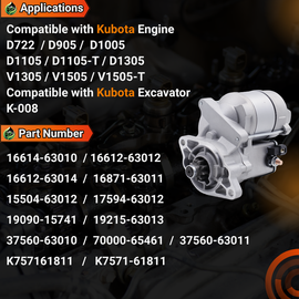 12V 9T 16614-63010 Starter Motor Compatible With Kubota Engine D1105 D905 D1005 V1505 D722 Excavator K-008 1.2KW