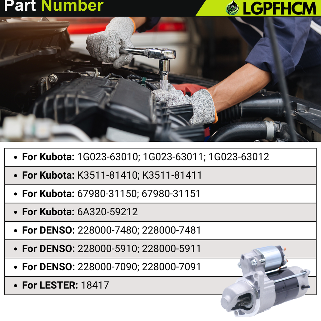 12V 9T 1G023-63010 Starter Motor For Kubota Engine D722 D782 18HP 21HP For Lawn Tractor F2260-R F2560-E F2560-R F3060-R GR2100 GR2120 ZD18 ZD21 ZD28 #1G023-63011 67980-31151 18417