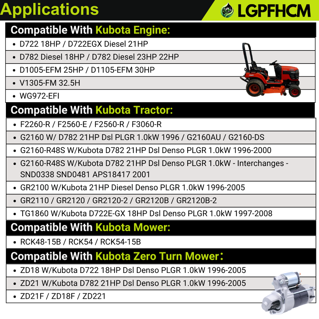 12V 9T 1G023-63010 Starter Motor For Kubota Engine D722 D782 18HP 21HP For Lawn Tractor F2260-R F2560-E F2560-R F3060-R GR2100 GR2120 ZD18 ZD21 ZD28 #1G023-63011 67980-31151 18417