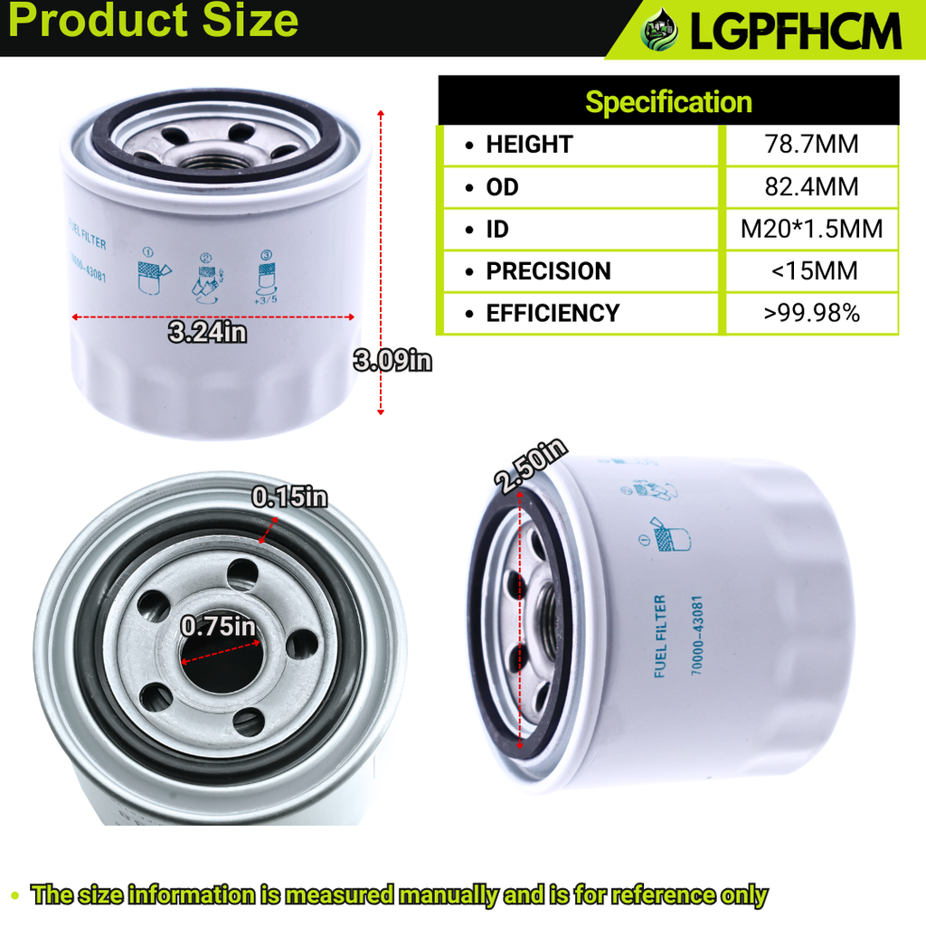70000-43081 2Pcs Fuel Filter for Kubota Tractor L175 L185 L2050 L225 L235 L2350 L245 L295 L305 G4200 G4200H Engine D905 D1105 D1302 D722 V2403 V1902