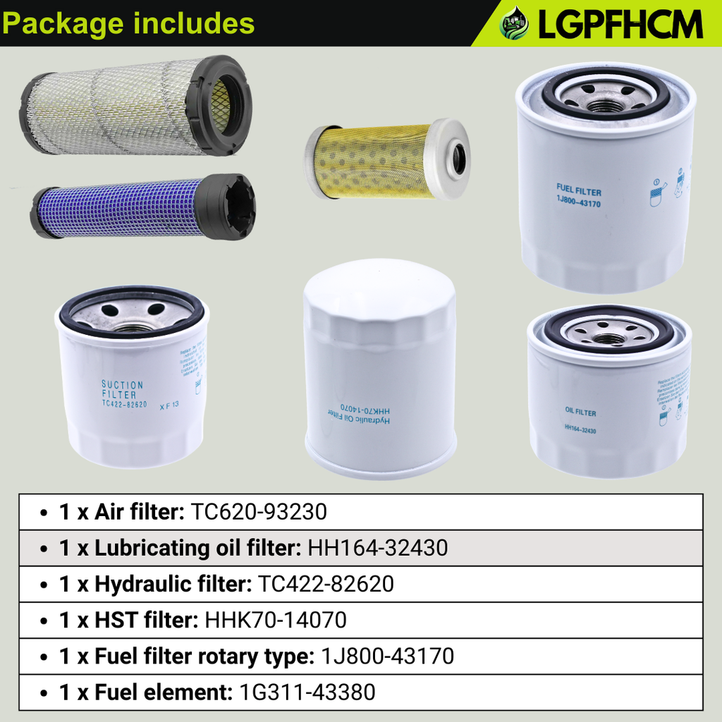 Filter Kit TC620-93230 HH164-32430 TC422-82620 1J800-43170 1G311-43380 HHK70-14070 Compatible with Kubota L3301 & L3901 w/D1803 L3901HST Engine