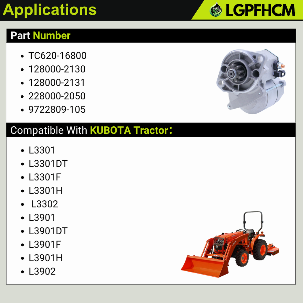 TC620-16800 12V 1.4Kw 9T Starter Motor Compatible With Kubota L3301(DT/F/H) L3302 L3901 (DT/F/H) L3902 Tractors Replace# 128000-2130 128000-2131 228000-2050 9722809-105