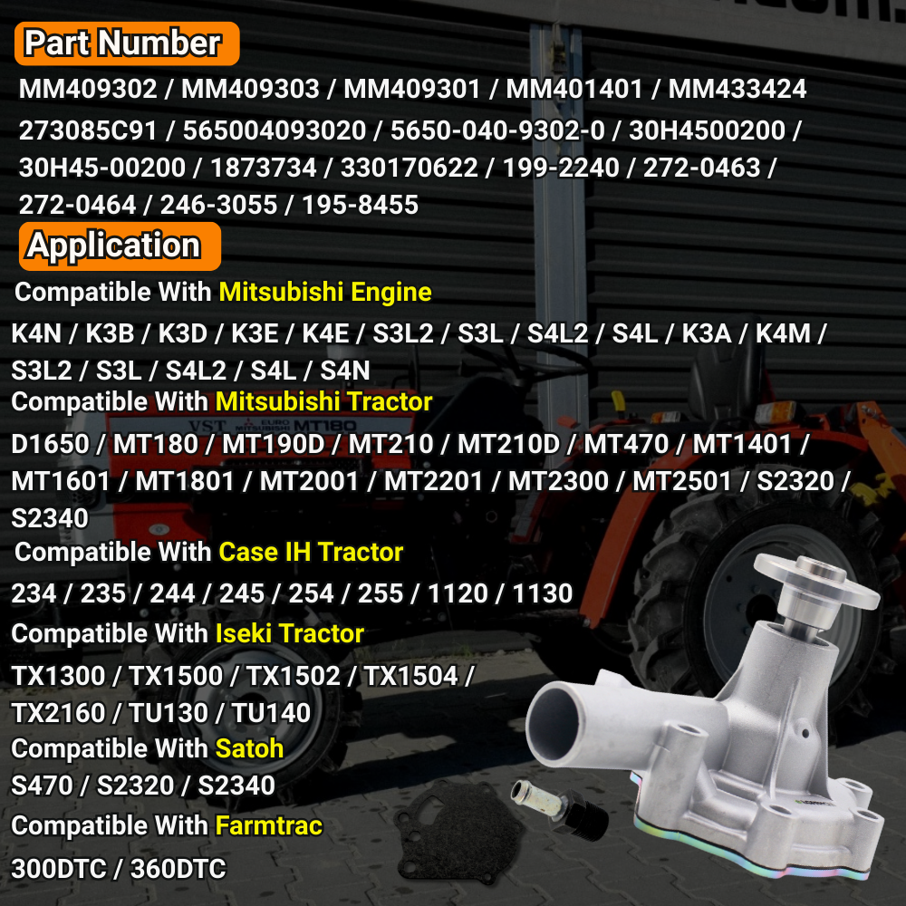 MM409302 Engine Water Pump For Mitsubishi Tractor Mt180 Mt210 Mt2300 K4N K3B K3D K3E K4E S3L2 S4L2 S4L K3A S4N For Caterpillar CAT E303 E308 E305 304CR For Iseki Tx1300 Tx1500 Tu120 Tu130 Tu1600 For Case Ih 234 235 244 245 254 255 1130