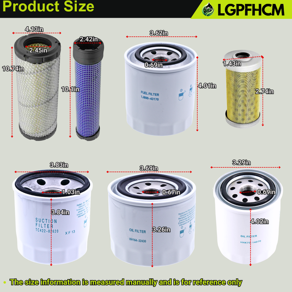 Filter Kit TC620-93230 HH164-32430 TC422-82620 1J800-43170 1G311-43380 HHK70-14070 Compatible with Kubota L3301 & L3901 w/D1803 L3901HST Engine
