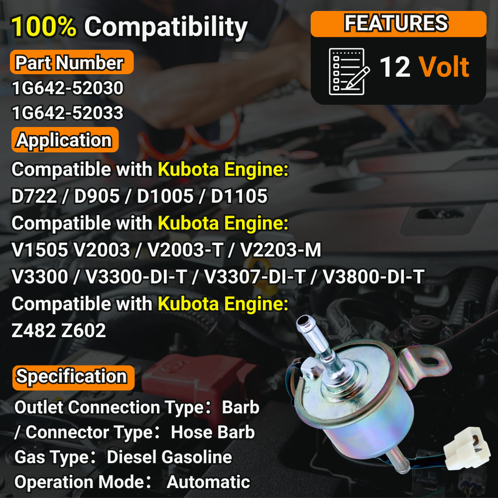 1G642-52030 12V Fuel Pump for Kubota Engine D722 D905 D1005 D1105 V1505 V2003 V2203 V3300 V3307 V3800 Z482 Z602