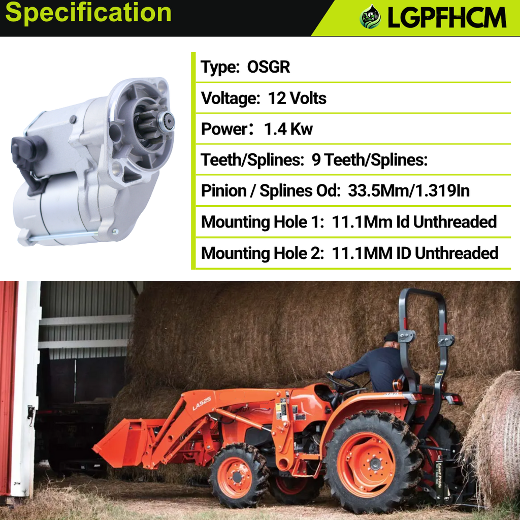 TC620-16800 12V 1.4Kw 9T Starter Motor Compatible With Kubota L3301(DT/F/H) L3302 L3901 (DT/F/H) L3902 Tractors Replace# 128000-2130 128000-2131 228000-2050 9722809-105
