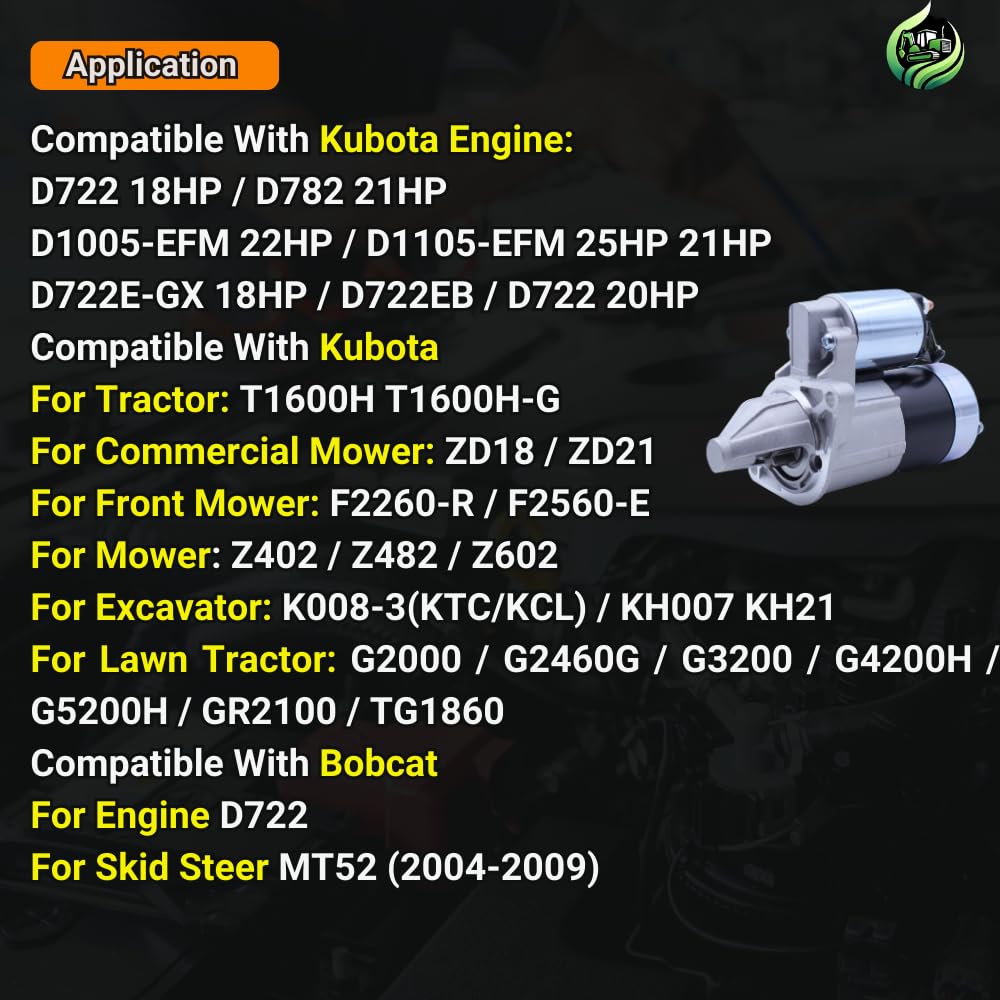 12V 8T Starter Motor 16824-63010 16824-63013 16824-63014 Compatible With Kubota Engine D902 Z402 Z482 Z602 Excavator K008-3 For Bobcat D722 MT52 Skid Steer # M0T88080 16853-63012 16853-63011 M0T88081 M0T88082 M0T88083 M0T88084