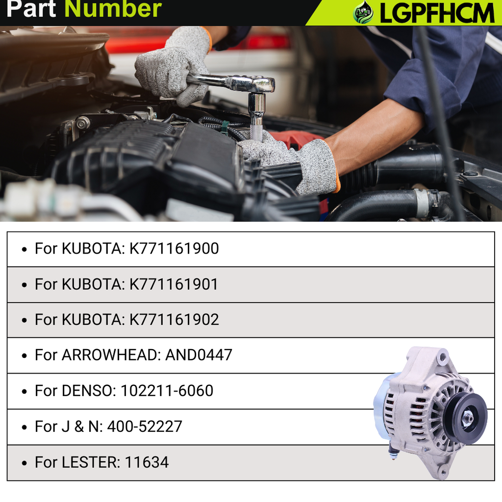 12V 75A K7711-61900 Alternator for Kubota UTV RTV1100 RTV-X1100C All Years for Kubota D1105-E2-UV 24.8HP Diesel Engine # K7711-61900 K7711-61901 K7711-61902 102211-6060 400-52227