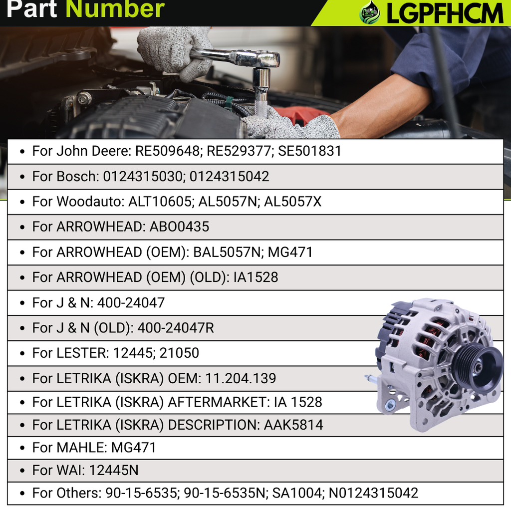 12V 70A RE529377 AT476305 Alternator For John Deere Engnie 5030 4024 For Loader 244J 304J 324J Tractor 4120 4320 4520 4720 5065M 5075M 5225 5325 5425 5715 6100D CT315 313 325 70HP #AL5057X RE509648